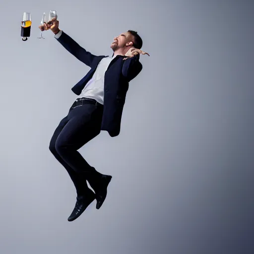 Image similar to a portrait of a man boisterously dancing around the room by himself holding an empty wine bottle as he jumps in the air, fine detail, dramatic lighting, award-winning photo UHD, 4K