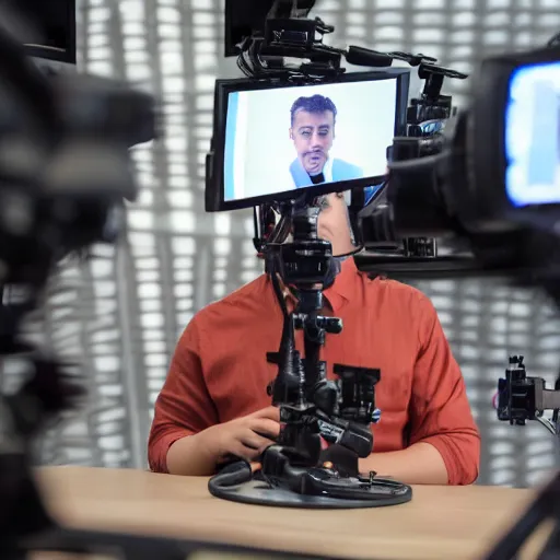 Image similar to high quality portait of a small self righteous male journalist in a low budget tv studio, awkward angle, wide angle,