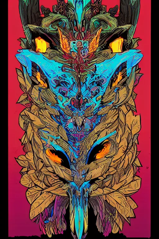 Image similar to animal mask totem roots flower tribal feather gemstone plant wood rock shaman vodoo video game vector cutout illustration vivid multicolor borderlands comics by josan gonzales and dan mumford radiating a glowing aura