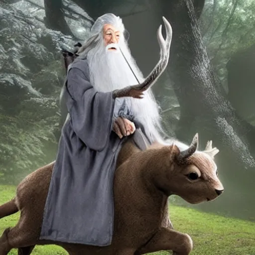 Prompt: gandalf the grey riding a giant kitten with antlers through the forest