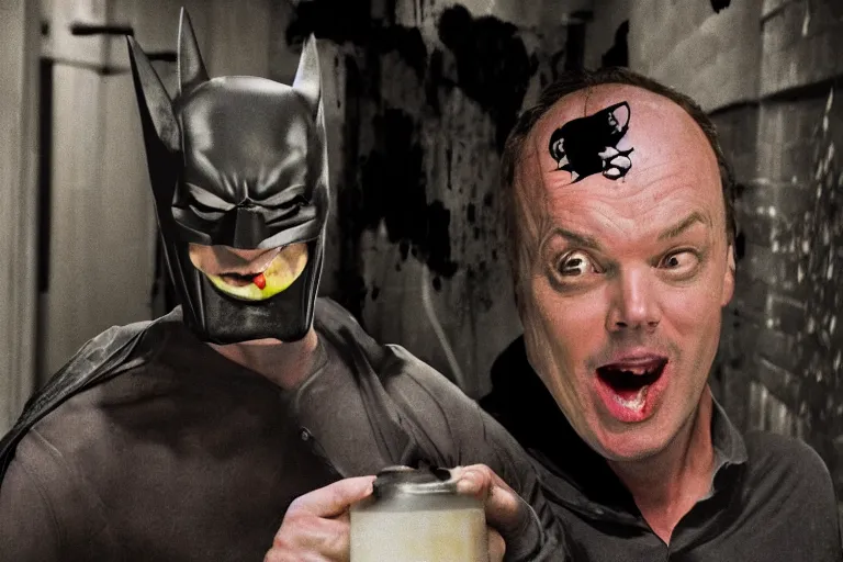 Image similar to michael keaton batman covered in beer wearing pink apron wielding an axe, chasing through old brown decrepit hallway, creepy smile, atmospheric eerie lighting, photorealistic face, dim lighting, bodycam footage, motion blur, photography