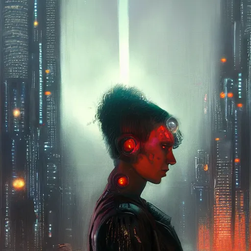 Image similar to molly from neuromancer, extremely detailed portrait of a young beautiful cyberpunk woman, eye implants, sunset, cyberpunk city background, megacity, gorgeous view, depth, painted by seb mckinnon, high detail, digital art, painted by greg rutkowski, trending on artstation