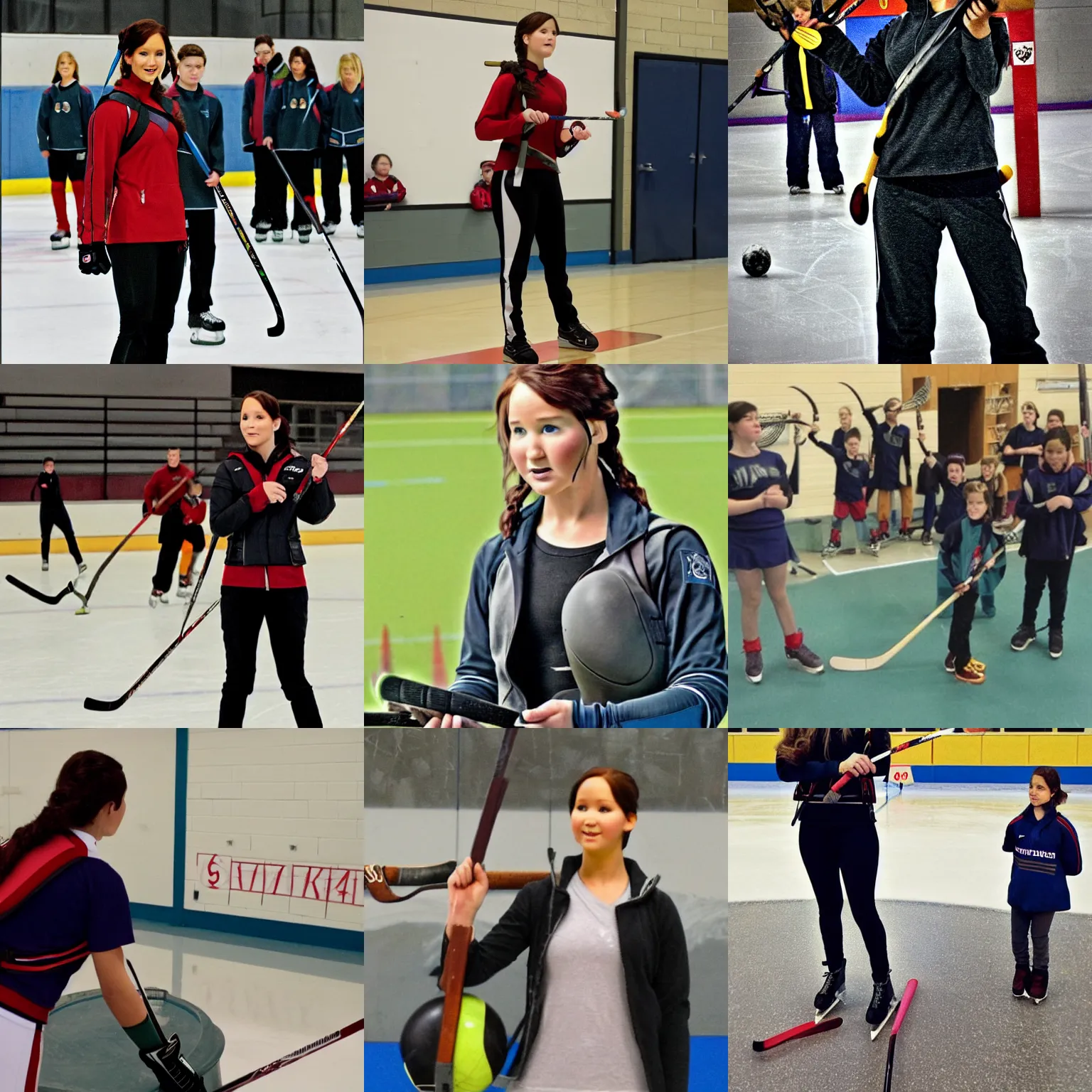 Prompt: Katniss Everdeen as a P.E. teacher, teaching hockey