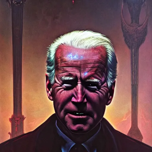 Image similar to epic Joe Biden in pandemonium, demons and souls, portrait, art by Wayne Barlowe, oil on canvas