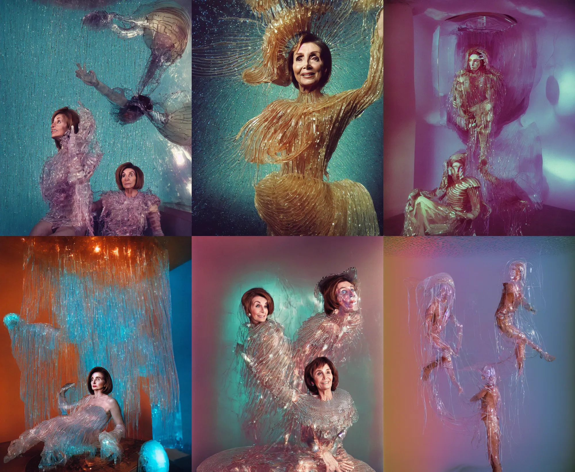 Prompt: upper body portrait of Nancy Pelosi as a jellyfish human (vogue model) hybrid wearing roman armor, sitting inside of a partially flooded 1970s luxury bungalow cabin with infinity mirror walls, suspended soviet computer console on ceiling, ektachrome color photograph, volumetric lighting, off-camera flash, 14mm wide angle lens f8 aperture, side view closeup portrait