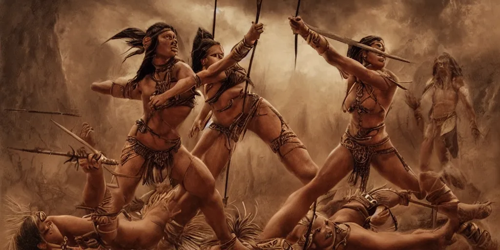 Prompt: movie scene, powerful beautiful aztec and Amazonian warrior females fight, bow, flying arrows, spear, epic camera, vintage, Boris vallejo, sepia, apocalypto