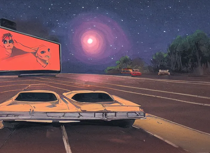 Prompt: a couple sits in a car at a drive - in movie, cinematic concept art