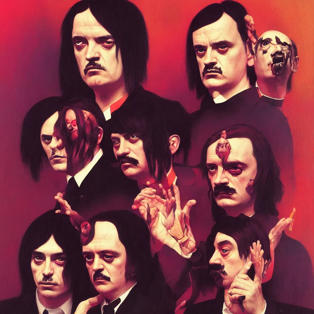 Image similar to weird and disturbing portrait of mike patton and syd barret and hitler singing, vivid colors, death, neon, art by ( ( ( kuvshinov ilya ) ) ) and wayne barlowe and francis bacon and artgerm and wlop and william - adolphe bouguereau