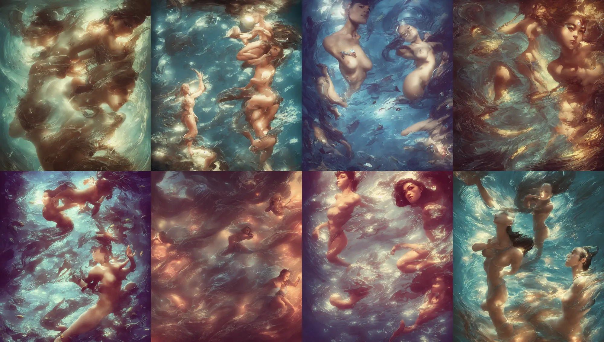 Prompt: swimming little fishes forming the shape of a woman, diffuse lighting, fantasy, intricate, elegant, highly detailed, lifelike, digital painting, cinestill 8 0 0 t 2 0 0 mm, concept art, frank frazetta, marco bucci, loish, rossdraws, artgerm