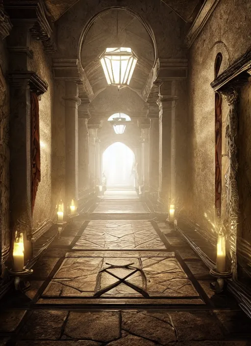 Prompt: castle hallways, ultra detailed fantasy, elden ring, realistic, dnd, rpg, lotr game design fanart by concept art, behance hd, artstation, deviantart, global illumination radiating a glowing aura global illumination ray tracing hdr render in unreal engine 5