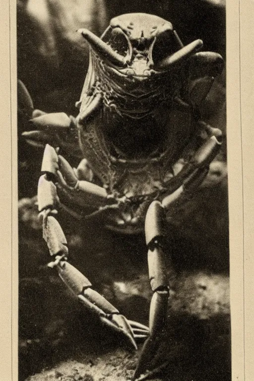 Prompt: a vintage photo of a creature that has the head of a man but the body of a crab