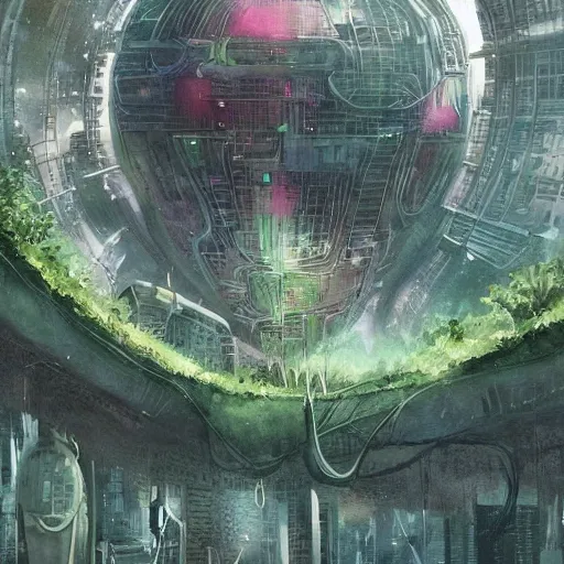 Prompt: Beautiful overgrown futuristic sci-fi city in harmony with nature. Nice colour scheme, soft warm colour. Beautiful detailed watercolor by Lurid. (2022)
