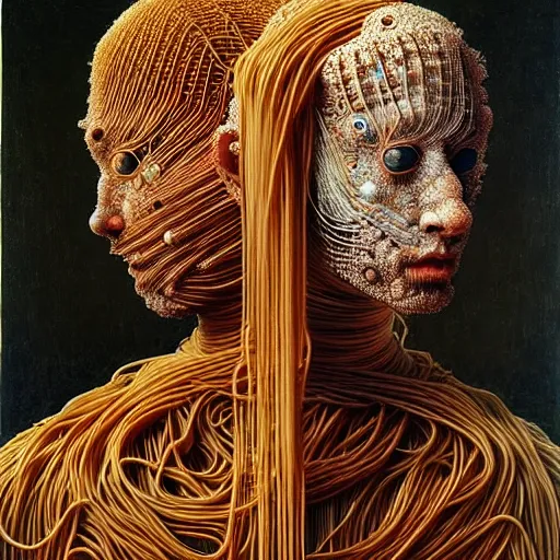 Prompt: siamese twins made of spaghetti, intricate armor made of spaghetti fractals, ancient warrior, samurai style, by giuseppe arcimboldo and ambrosius benson, renaissance, intricate and intense oil paint, a touch of beksinski, realistic