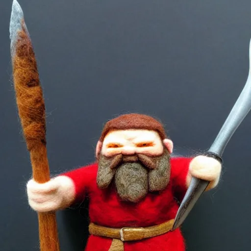 Prompt: needle felted gimli saying and my axe from the fellowship of the ring (2001), highly detailed, tilt shift, atmospheric, hyperrealism, highly textured, god rays