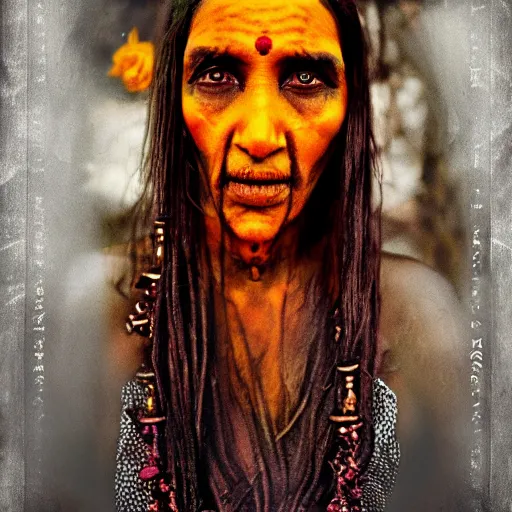 Image similar to realistic exposed expired fuji film portrait of aghori tantrik india woman, tentacled creature mix, marigold celestial vibe, hyperrealism, hypermaxiymalism, photorealistic, detailed, atmospheric, 8 k, award winning photography, cinematic