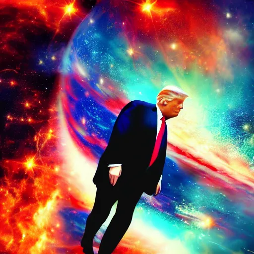 Image similar to Donald trump in the middle of two galaxies colliding, dramatic style, beautiful colors, artstation