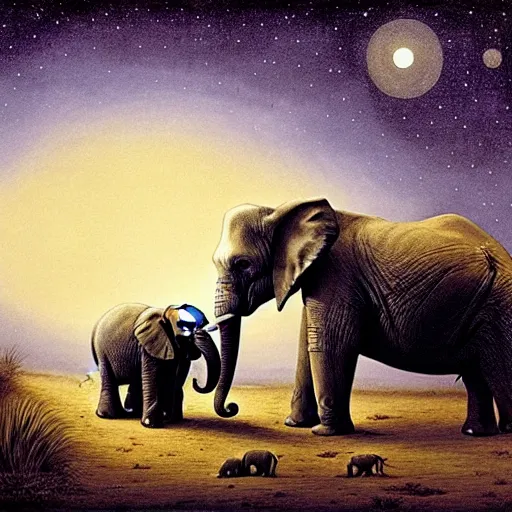 Image similar to two adult elephants and a baby elephant sleeping soundly under a starry sky surrounded by savannah, illustration, detailed, smooth, soft, warm, by Adolf Lachman, Shaun Tan