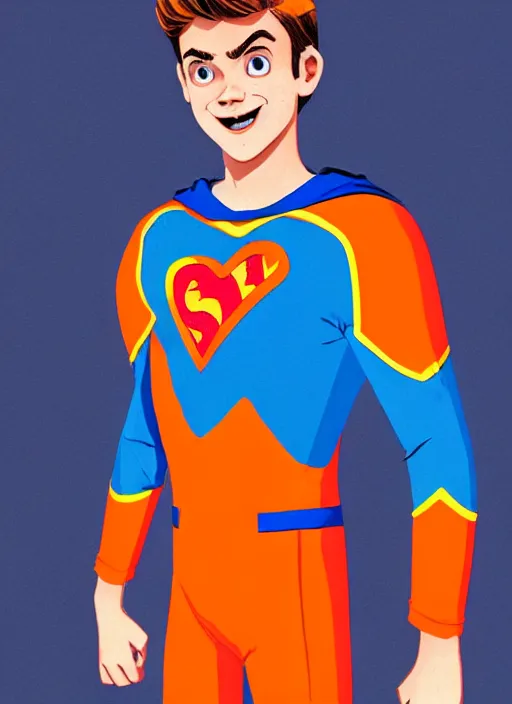 Image similar to friendly teenage archie andrews wearing an orange superhero costume with heart logo, heart, freckles, blue cape, heart emblem on chest, blue cape, intricate, elegant, glowing lights, highly detailed, digital painting, artstation, sharp focus, illustration, art by wlop, mars ravelo and greg rutkowski