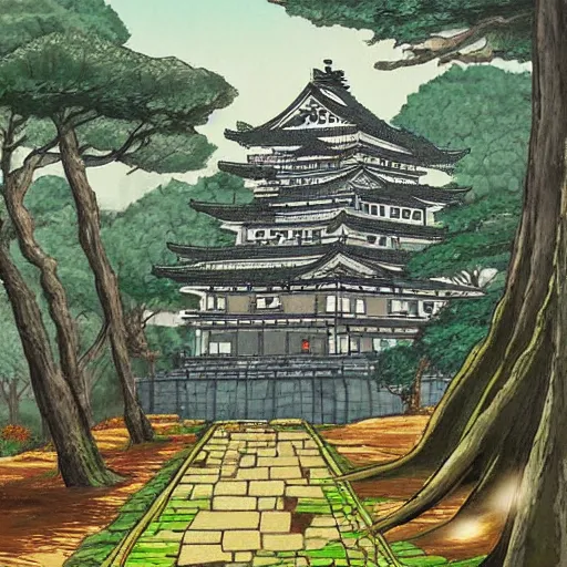 Image similar to japanese fortress in a city inside the forest by studio ghibli painting