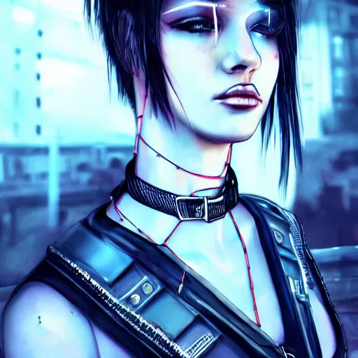 Image similar to detailed realistic cyberpunk female character cyberpunk wearing steel collar around neck, realistic, art, beautiful, 4K, collar, choker, collar around neck, punk, artstation, detailed, female, woman, choker, cyberpunk, neon, punk, collar, choker, collar around neck, thick collar, choker around neck, wearing choker, wearing collar, bright neon punk hair,