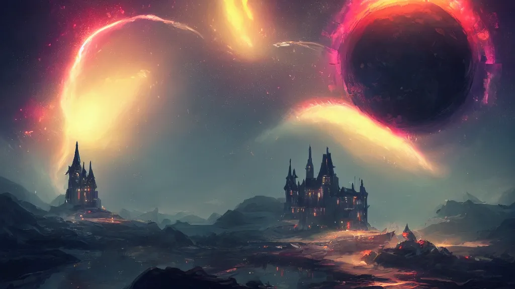 Image similar to a mysterious castle floating in space, surrounded by glowing energy rings, starry black space, by sylvain sarrailh, rossdraws, ultra detailed, fantasy artwork, 8 k, volumetric lighting, trending on artstation, award winning, beautiful scenery, very beautiful.