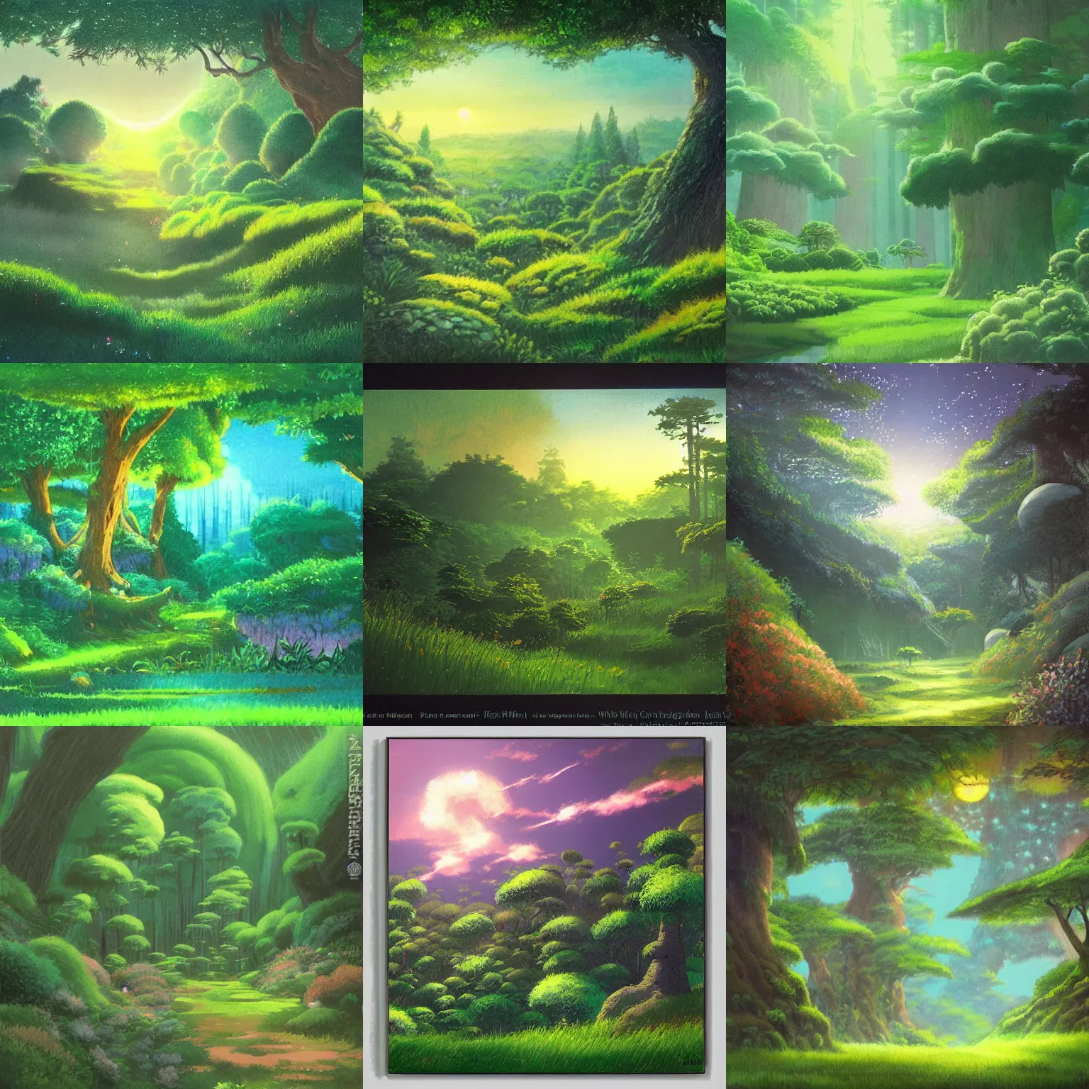 Prompt: fantasy with earth forest and meadow magic, at gentle dawn green light, studio ghibli painting