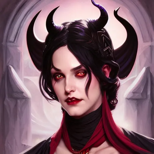 Image similar to Portrait of jovial female tiefling sorceress, D&D, red eyes, face, short black hair, fantasy, intricate, elegant, highly detailed, digital painting, artstation, concept art, smooth, sharp focus, illustration, art by artgerm and greg rutkowski and alphonse mucha