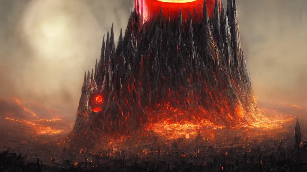 Image similar to flaming eye of sauron above the dark orc tower of barad - dur, by alan lee, michal karcz, smooth details, lord of the rings, game of thrones, smooth, detailed terrain, oil painting, trending artstation, concept art, fantasy matte painting