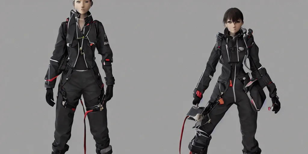 Image similar to a woman in scientist's jacket with a system of straps and pouches for collecting material by Tetsuya Nomura, trending on artstation and pixiv clean sci-fi concept art and sheet that using unreal engine 5 render and hyper detailed 3D texture with cinematic software light