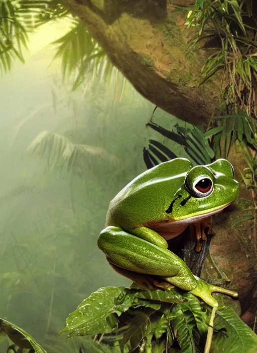 Image similar to a beautiful matte painting of a green frog in the jungle, kambo