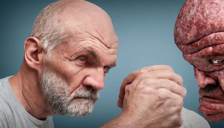 Prompt: sad old man with sausage tumours growing from his head, ultrarealistic, 8k, wide shot,