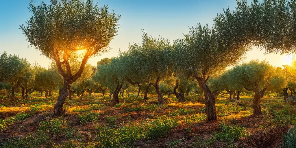 Prompt: flourishing blooming garden full of olive trees in italy, painting, matte painting, canvas, 4 k, 8 k, high detail, golden hour, sunset, epic light, shadows, contrast, bright, - n 8,