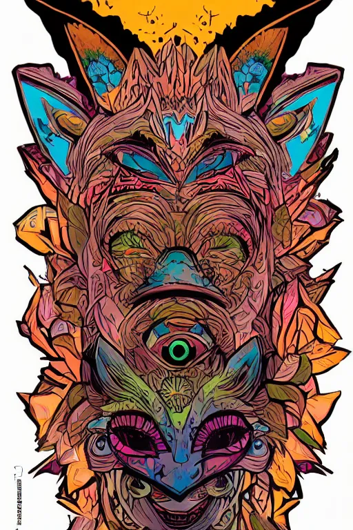 Image similar to animal mask totem roots flower tribal feather gemstone plant wood rock shaman vodoo video game vector cutout illustration vivid multicolor borderlands comics by josan gonzales and dan mumford radiating a glowing aura