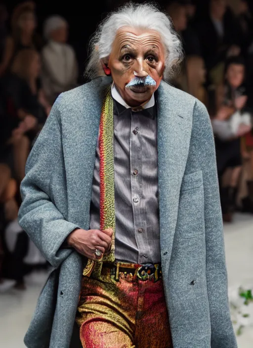 Image similar to hyperrealistic and heavy detailed gucci runway show of albert einstein, leica sl 2 5 0 mm, vivid color, high quality, high textured, real life