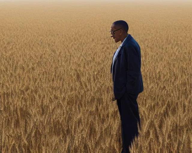 Prompt: extreme long shot of walter white and gustavo fring standing in front of each other from a distance in a wheat field, low angle, side view, 8 5 mm photograph, 8 k resolution, wide shot, sharp lens
