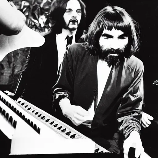 Image similar to charles manson playing keyboard with the beatles, 3 5 mm photography, realistic, detailed, uncropped, realistic face,