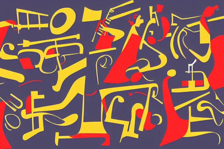 Prompt: Stylized abstract art of jazz musicians playing along with musical notes in the style of Stuart Davis