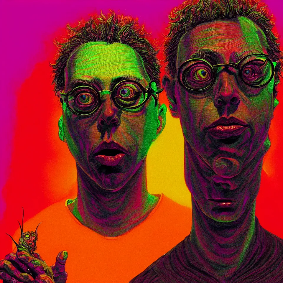 Image similar to bright psychedelic todd solondz turning into god and satan, diffuse lighting, fantasy, intricate, elegant, highly detailed, lifelike, photorealistic, digital painting, artstation, illustration, concept art, smooth, sharp focus, art by francis bacon