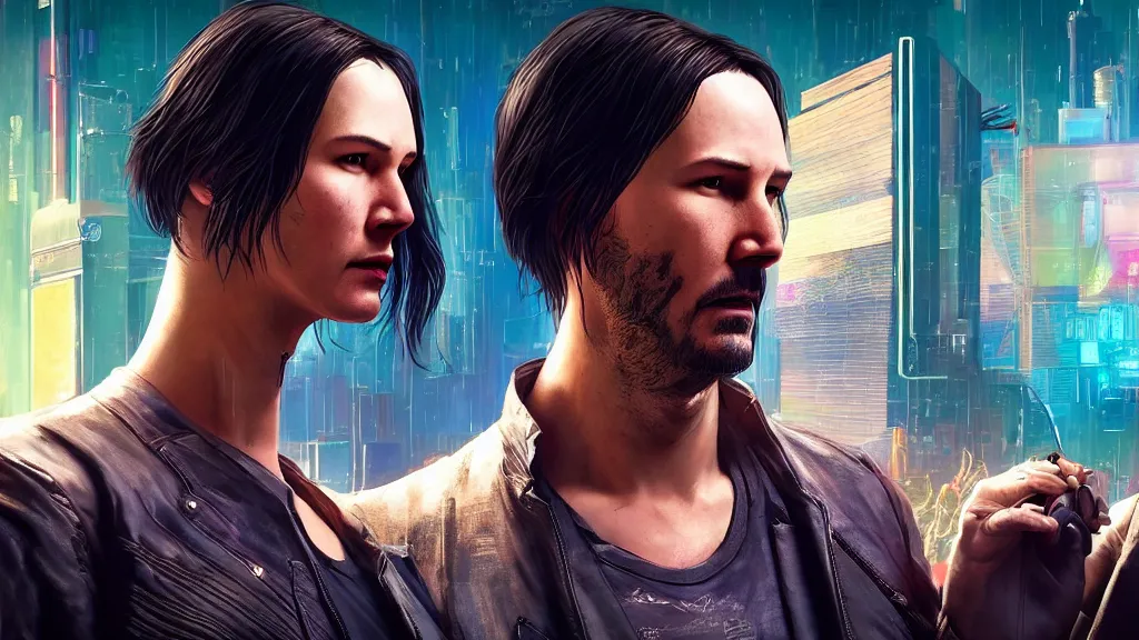 Image similar to a cyberpunk 2077 srcreenshot couple portrait of Keanu Reeves female android in love,film lighting,by Laurie Greasley,Lawrence Alma-Tadema,Dan Mumford,John Wick,Speed,Replicas,artstation,deviantart,FAN ART,full of color,Digital painting,face enhance,highly detailed,8K,octane,golden ratio,cinematic lighting