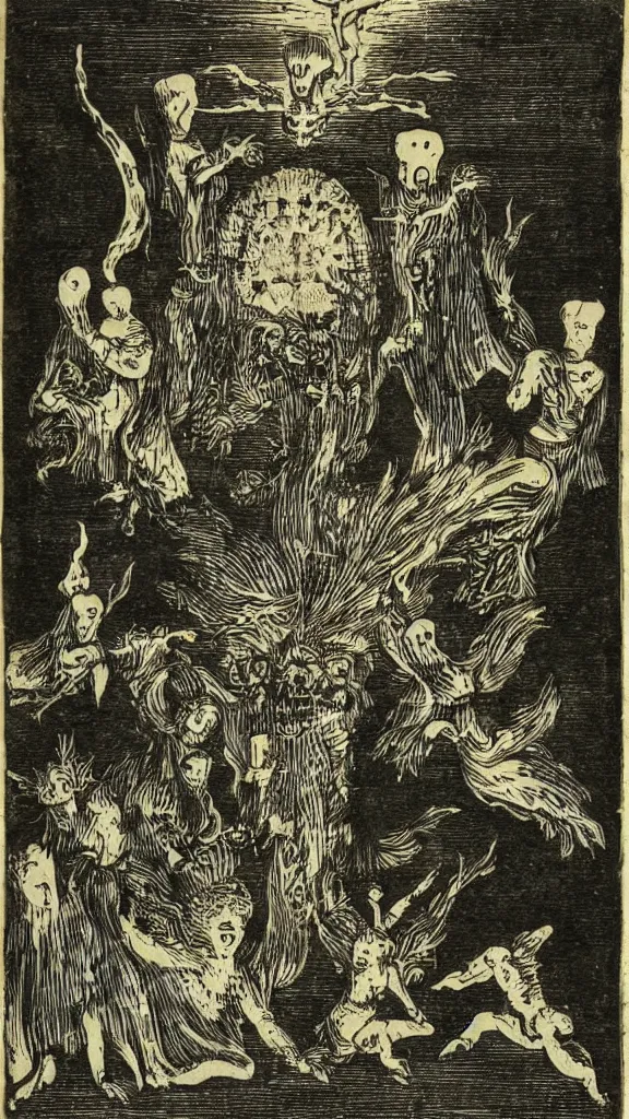 Image similar to revenants, spirits and pagan apparitions, grimoire, italian woodblock print from 1 7 5 5