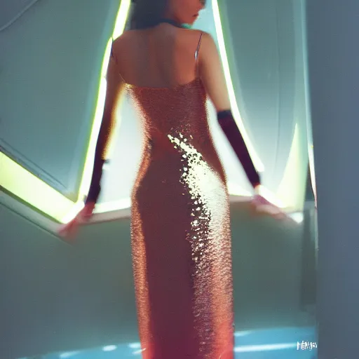 Image similar to Fashion photo of a beautiful woman wearing a futuristic dress in 2100, soft light, cinestill 800t