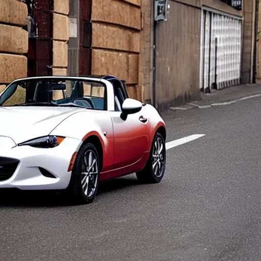 Prompt: a photograph of a guinea pig sitting on the hood of a red mazda mx-5, standing on a road in Stockholm