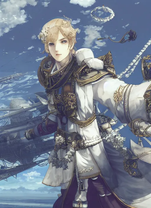 Image similar to character portrait of the white herald on the deck of an imperial airship in the sky, hidari, color page, tankoban, 4K, tone mapping, Akihiko Yoshida.