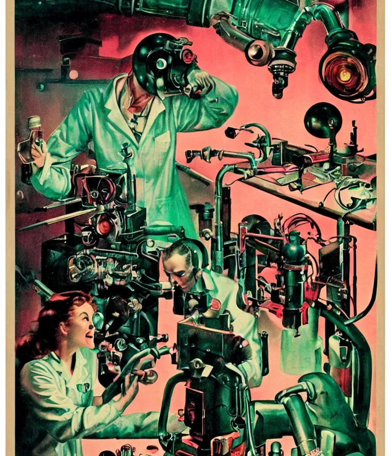 Image similar to a female mad scientist building a manly robot, in a darkly lit laboratory room, 1 9 5 0 s horror film movie poster style, ( norman rockwell oil painting ), retro science fiction, vintage, saturated pink and green lighting, shadowy lighting, cohesive