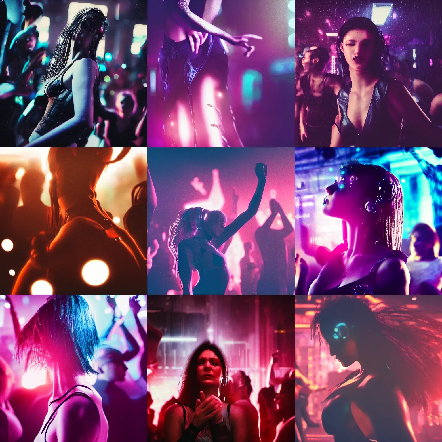 Prompt: closeup of a Cyberpunk woman dancing in a crowd of people in a nightclub, poorly lit, moody, atmospheric, unfocused, digital art, Octane