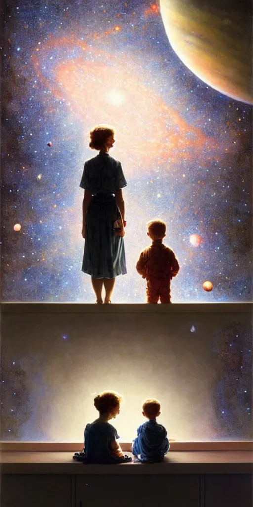 Prompt: a mother and her son looking at the wall of their bedroom and seeing the universe full of galaxies and planets, imagination, part by norman rockwell, part by greg rutkowski, part by mattias adolfsson, high angle, ( ( ( ( volumetric lighting ) ) ) ), oil on canvas