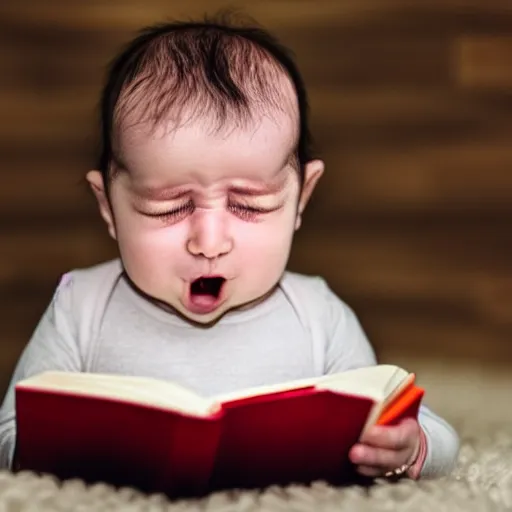 Prompt: baby with a beard crying reading a book