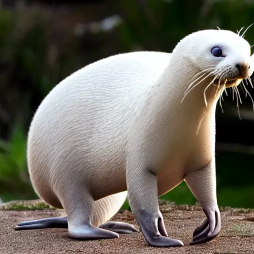 Image similar to bipedal albino amphibious otter seal alien creature with rabbit ears and a fat tail, speculative biology, big eyes