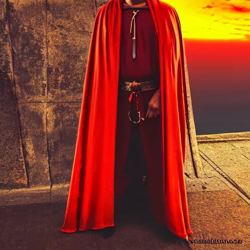 Image similar to man wearing a cloak and holding two red daggers, cinematic, sunset, medieval city background, 4 k