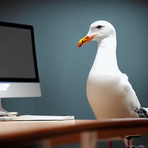 Prompt: an angry seagull typing at a computer in it's bedroom, studio portrait, dramatic background and lighting